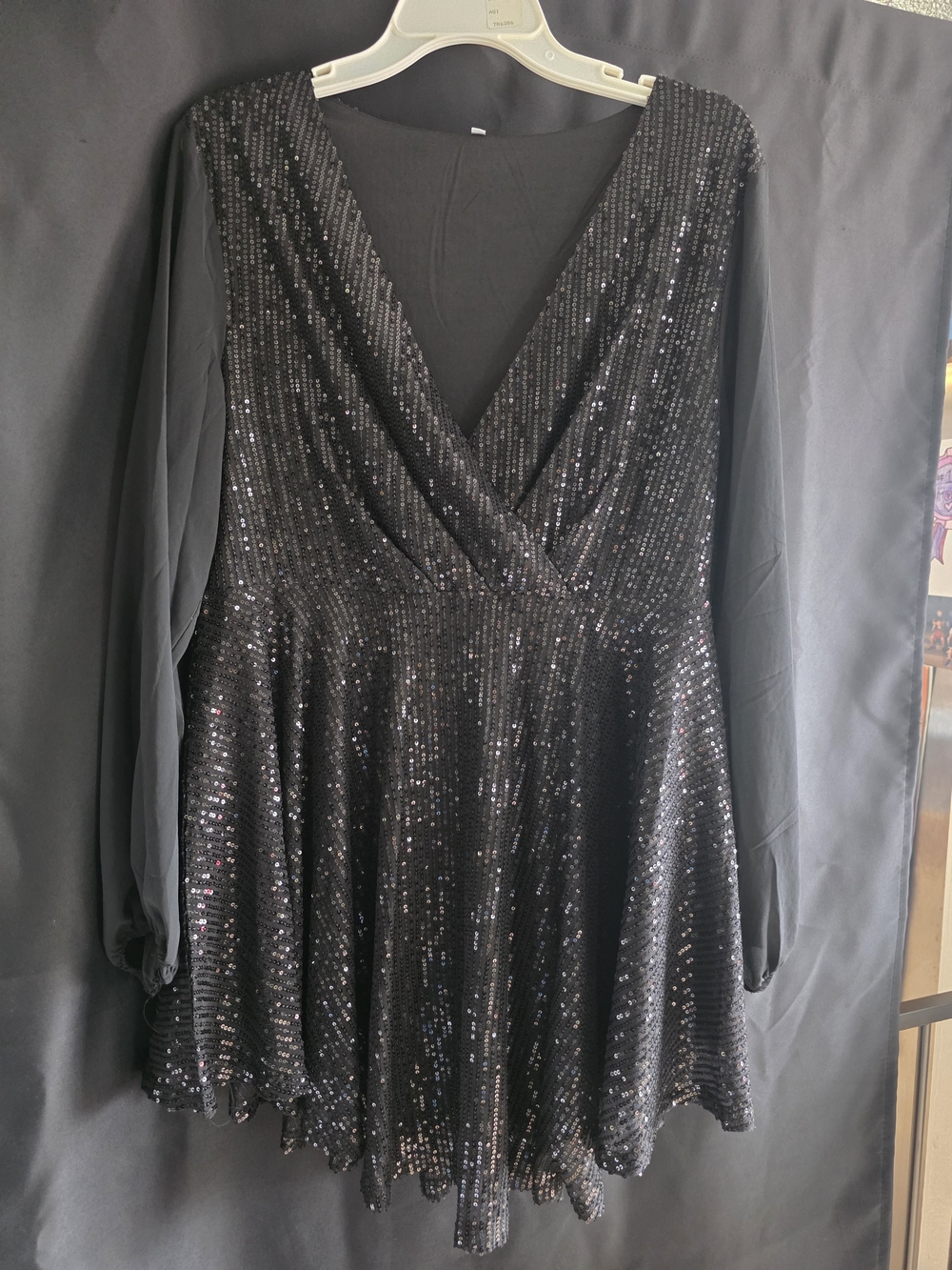 Black Sequin V-Neck Long Sleeve Party Dress Women's XL